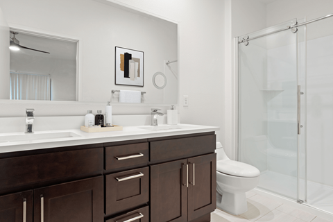 A bathroom with a white toilet, a sink with a mirror above it, and a glass shower stall.