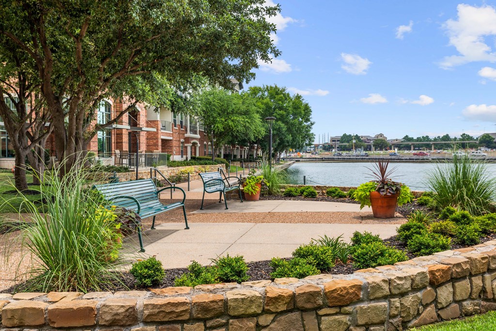 A park with benches and a pond in the background.
