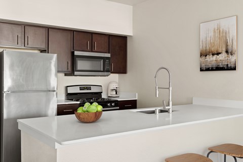 A modern kitchen with a refrigerator, microwave, oven, sink, and a bowl of apples on the counter.
