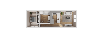 A 3D rendered image of a modern apartment layout.