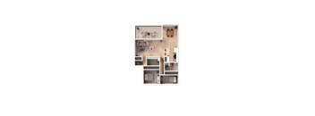 A top-down view of a house layout with a living room, kitchen, and bedrooms.