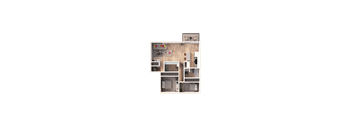 A floor plan of a house with a living room, kitchen, and two bedrooms.