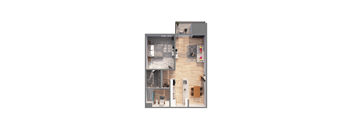 A top down view of a small apartment with a bedroom, living room, and kitchen.