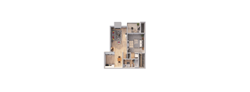 A top down view of a house with a kitchen, living room, and bathroom.