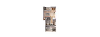 A top down view of a house layout with a kitchen, living room, and bedrooms.