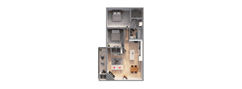 A top-down view of a modern apartment layout with a living room, kitchen, and bedrooms.