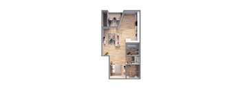 A top down view of a small apartment with a kitchen, living room, and bathroom.