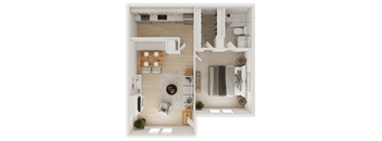 A top-down view of a modern apartment with a kitchen, living room, and bathroom.