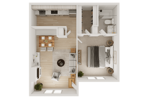 A top-down view of a modern apartment with a kitchen, living room, and bathroom.