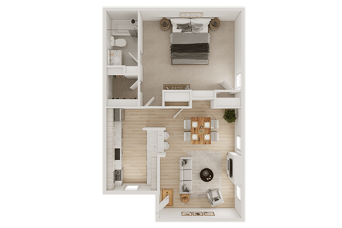 A top-down view of a modern apartment layout.