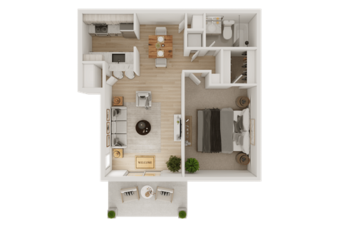 A floor plan of a house with a living room, kitchen, and bathroom.