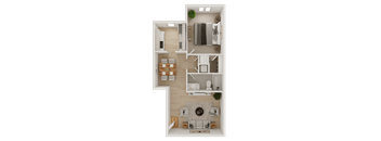 A top-down view of a house layout with a kitchen, living room, and bathroom.