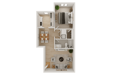 A top-down view of a house layout with a kitchen, living room, and bathroom.
