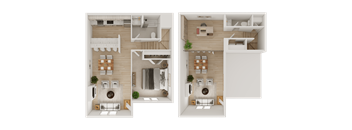 A floor plan of a two-bedroom apartment with a living room, kitchen, and bathroom.