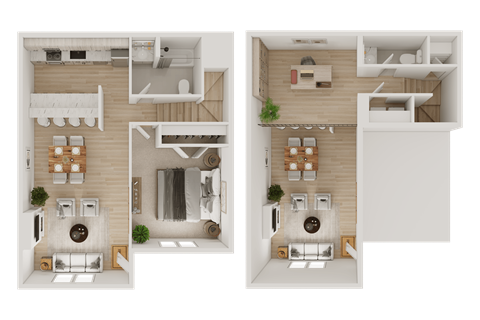 A floor plan of a two-bedroom apartment with a living room, kitchen, and bathroom.