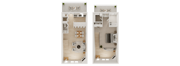 Two floor plans of a house with a kitchen, living room, and bathroom.