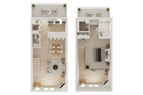 Two floor plans of a house with a kitchen, living room, and bathroom.