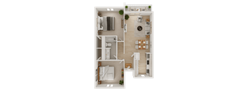 A top-down view of a two-bedroom apartment with a living room, kitchen, and bathroom.