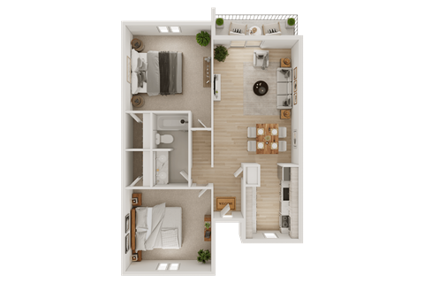 A top-down view of a two-bedroom apartment with a living room, kitchen, and bathroom.