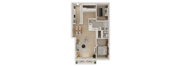 A top-down view of a modern apartment layout with a living room, kitchen, and bedrooms.