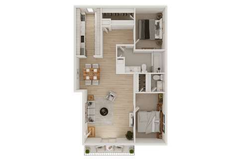 A top-down view of a modern apartment layout with a living room, kitchen, and bedrooms.