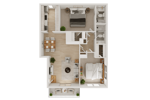 A top-down view of a well-organized apartment with a living room, kitchen, and bedroom.