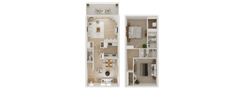 A floor plan of a two-bedroom apartment with a living room, kitchen, and bathroom.