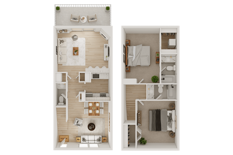 A floor plan of a two-bedroom apartment with a living room, kitchen, and bathroom.