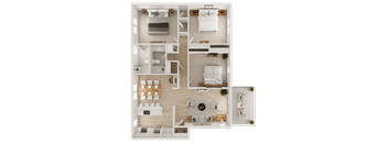 A top-down view of a well-organized apartment with a living room, kitchen, and bedrooms.