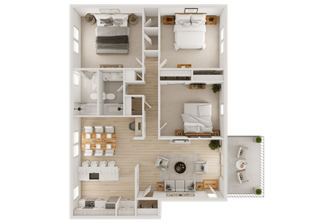 A top-down view of a well-organized apartment with a living room, kitchen, and bedrooms.