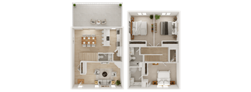 A floor plan of a two-bedroom apartment with a living room, kitchen, and bathroom.