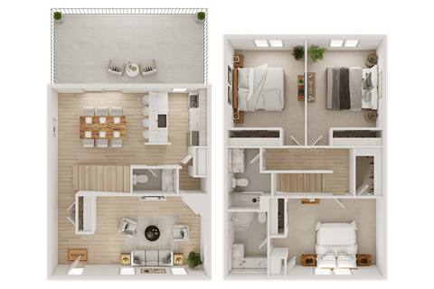 A floor plan of a two-bedroom apartment with a living room, kitchen, and bathroom.