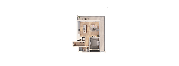 A top-down view of a house layout with a kitchen, living room, and two bedrooms.