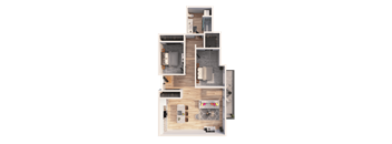 A top-down view of a house layout with a living room, kitchen, and bathroom.