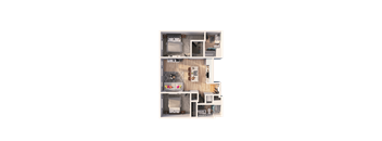 A 3D floor plan of a house with a kitchen, living room, and bedrooms.