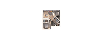 A detailed floor plan of a small apartment with a kitchen, living room, and bedroom.