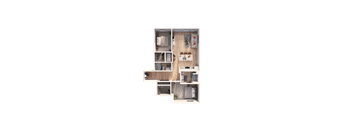 A top-down view of a small apartment layout with a kitchen, living room, and bedrooms.