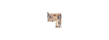 A top-down view of a small apartment layout with a kitchen, living room, and bedroom.
