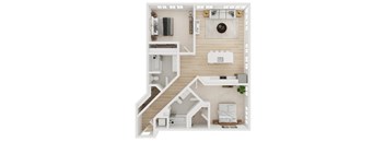 A top-down view of a small apartment with a staircase leading to the upper level.