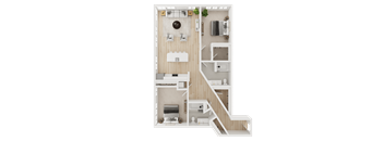 A top-down view of a house layout with a kitchen, living room, and bedrooms.