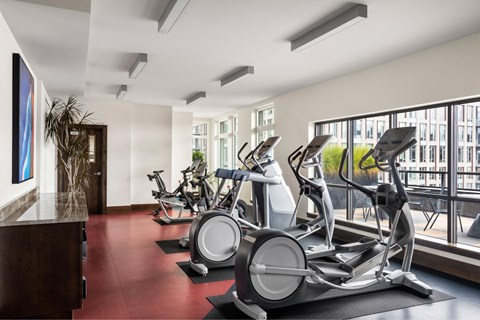 A gym with a row of stationary bikes and a painting on the wall.