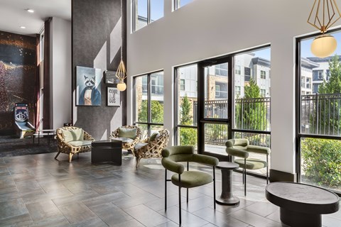 A modern living room with a view of the city.