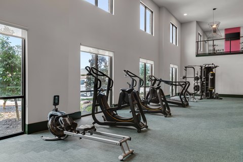 A gym with a row of exercise bikes and a mirror on the wall.