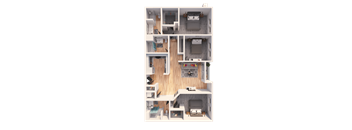 A 3D floor plan of a house with multiple rooms and furniture.
