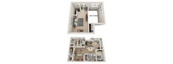 Two images of a dollhouse interior with a sign that says "Open to Begin".