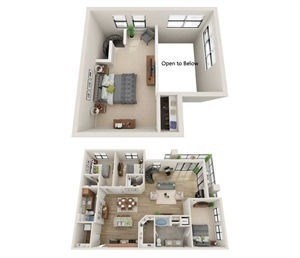 Two images of a dollhouse interior with a sign that says "Open to Begin".