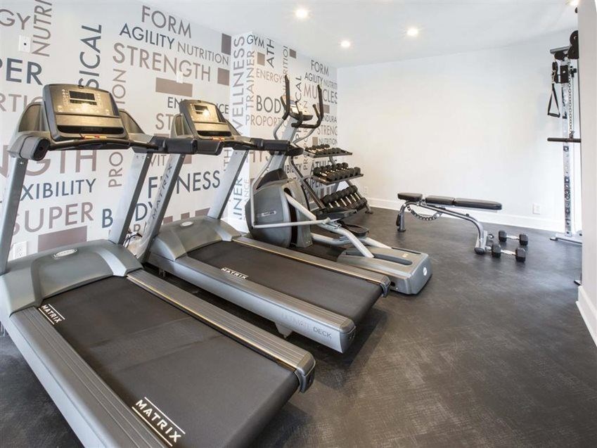 A gym with treadmills and a wall of fitness related words.