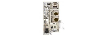 A floor plan of a small apartment with a kitchen, living room, and bathroom.