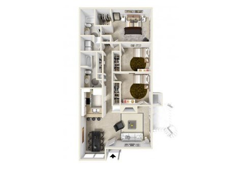 A floor plan of a small apartment with a kitchen, living room, and bathroom.