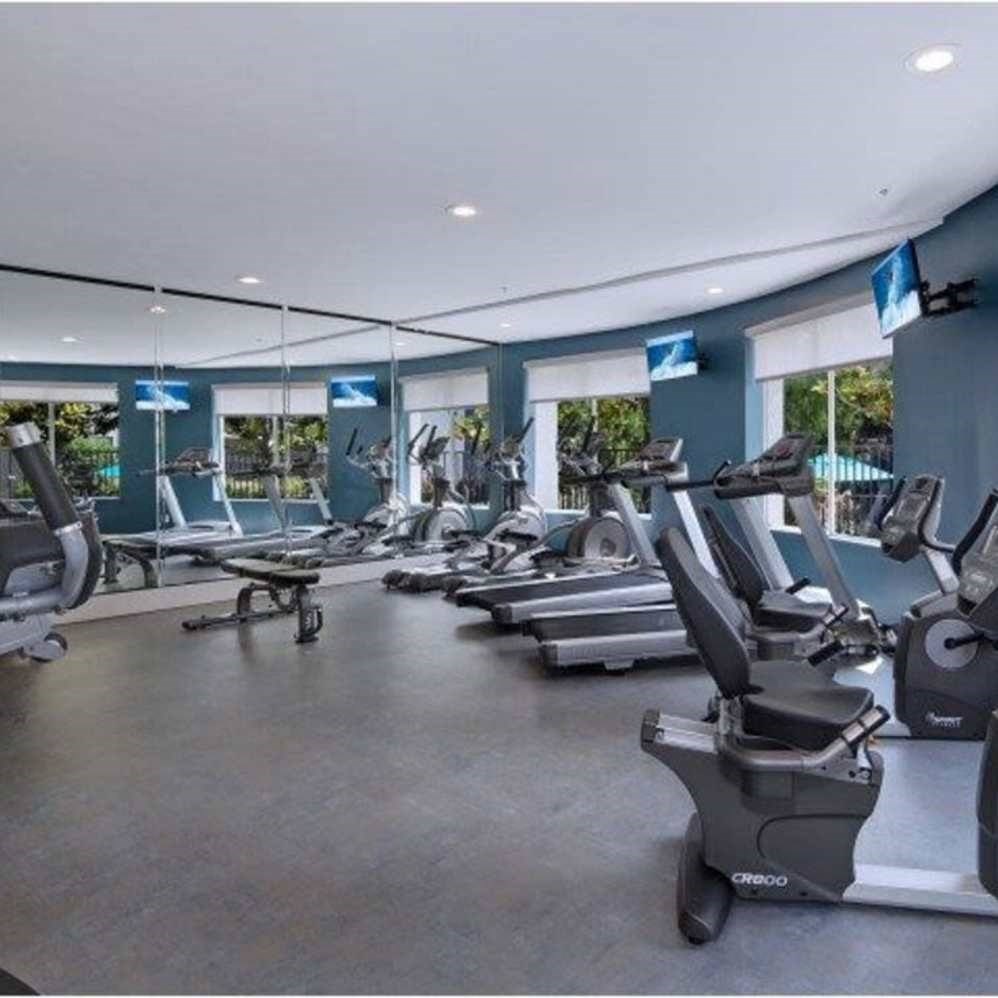 A gym with treadmills and exercise equipment.